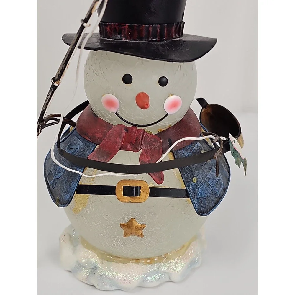 Kirkland's Fishing Snowman Collectible Lighted Crackle Glass Holiday Decor